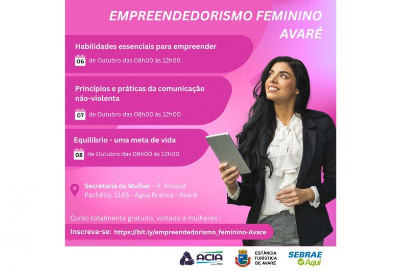 Curso gratuito sobre empreendedorismo feminino está com inscrições abertas em Avaré