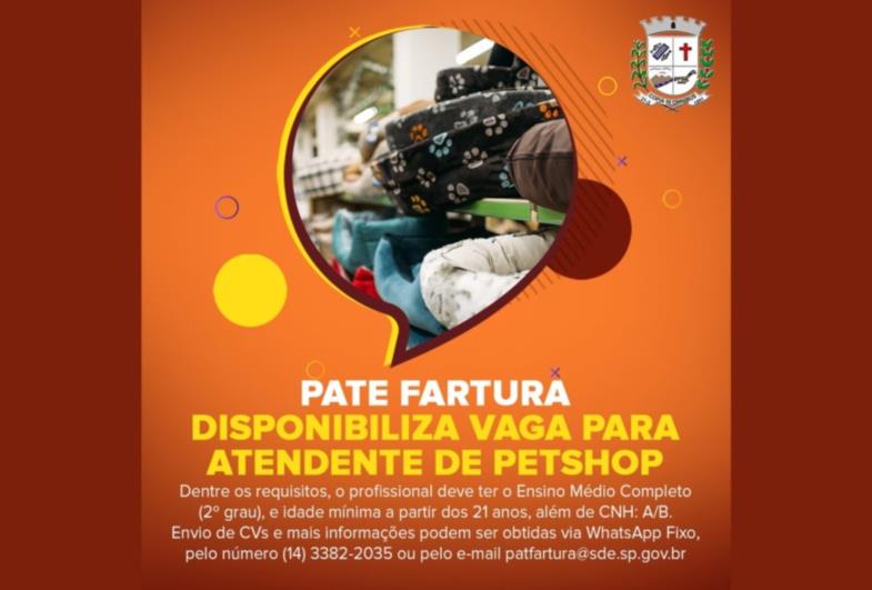 PATE disponibiliza vaga para atendente de Petshop