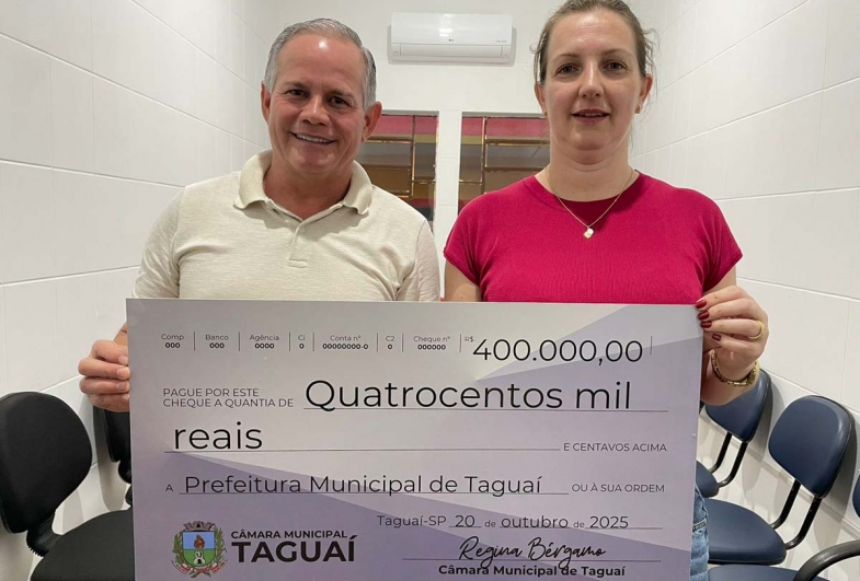 Prefeito de Taguaí Edinho Fundão e presidente da Câmara, Regina Bergamo