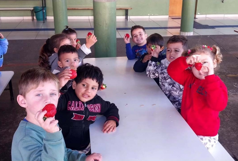 As crianças se divertem com o consumo  consciente de frutas frescas