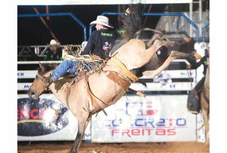 Competidor encara o desafio no Cutiano, demonstrando técnica, equilíbrio e coragem sobre o animal