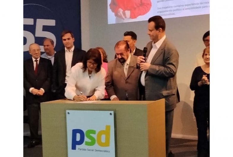 Elisandra, Joselyr Silvestre e presidente  nacional do PSD Gilberto Kassab
