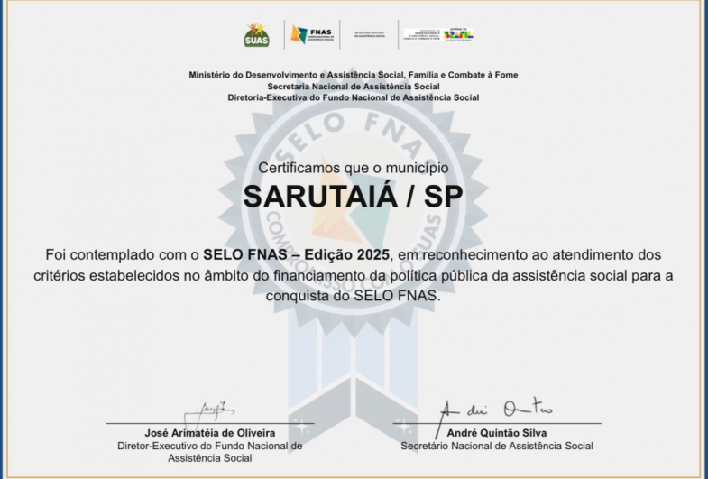 Sarutaiá recebe o Selo FNAS de  compromisso e gestão de recursos do social