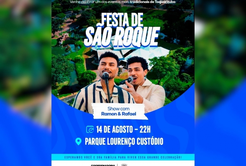 Festa de São Roque terá show da dupla Ramon e Rafael em Taquarituba no mês de agosto