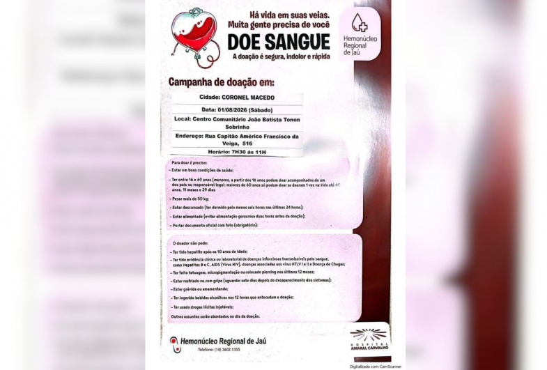 Coronel Macedo faz campanha de doação de sangue neste sábado