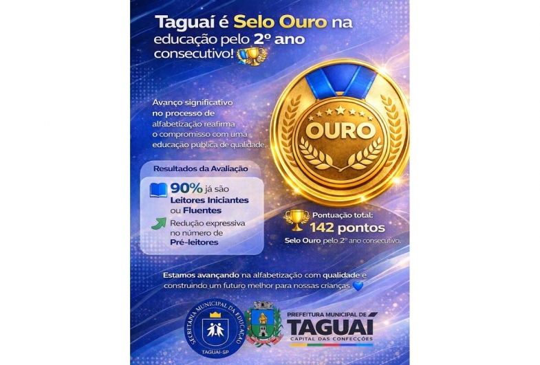 Taguaí conquista Selo Ouro no Compromisso Nacional Criança Alfabetizada pelo segundo ano consecutivo