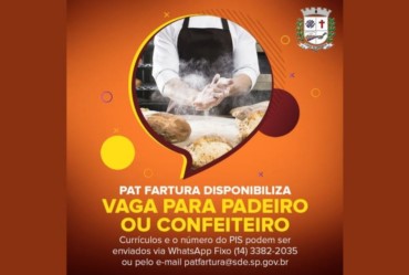 PAT Fartura disponibiliza vaga para Padeiro ou Confeiteiro