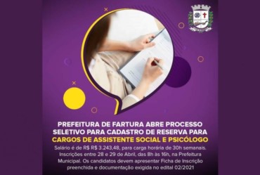 Prefeitura de Fartura abre Processo Seletivo para cargos de Assistente Social e Psicólogo
