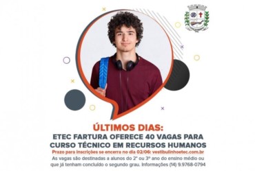 Últimos dias: ETEC Fartura oferece 40 vagas para Curso Técnico em Recursos Humanos