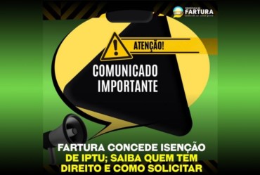 Prefeitura de Fartura concede isenção de IPTU; saiba quem tem direito e como solicitar 