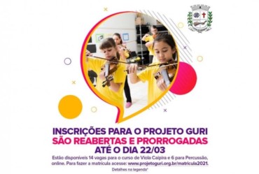 Inscrições para o Projeto Guri são reabertas e prorrogadas até 22/03