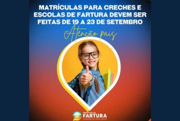 Atenção pais: matrículas para creches e escolas de Fartura devem ser feitas de 19 a 23 de setembro