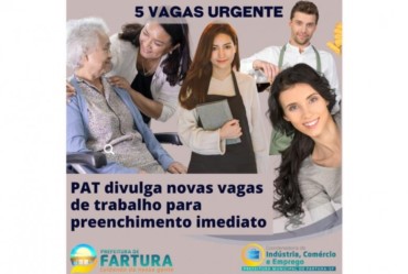 Urgente: PAT divulga novas vagas de trabalho para preenchimento imediato