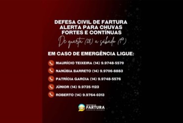 Defesa Civil de Fartura alerta para chuvas fortes e contínuas