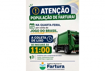 Coleta de lixo terá horário especial nesta quarta-feira em Fartura devido ao jogo do Brasil